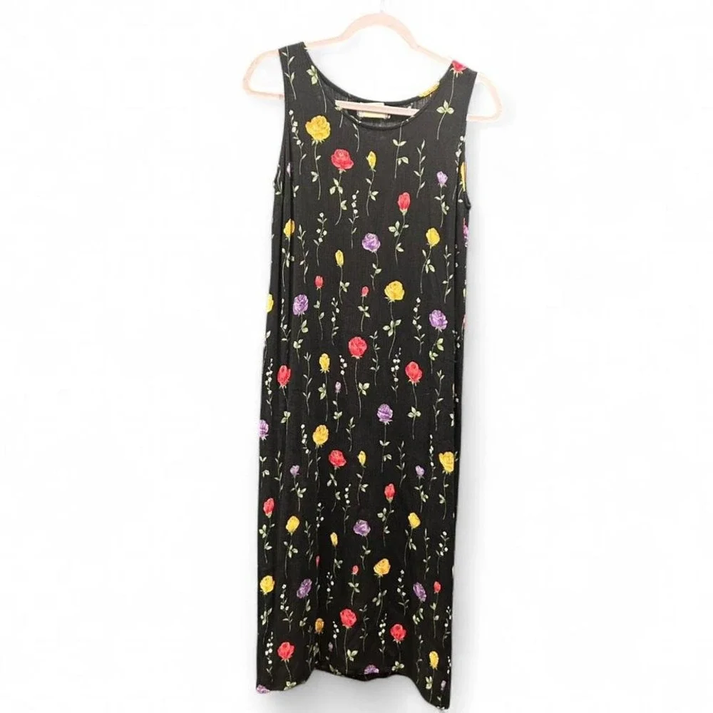Women's black floral gauzy 90s retro dress by R& K Originals size 8 (m4) - Picture 1 of 2